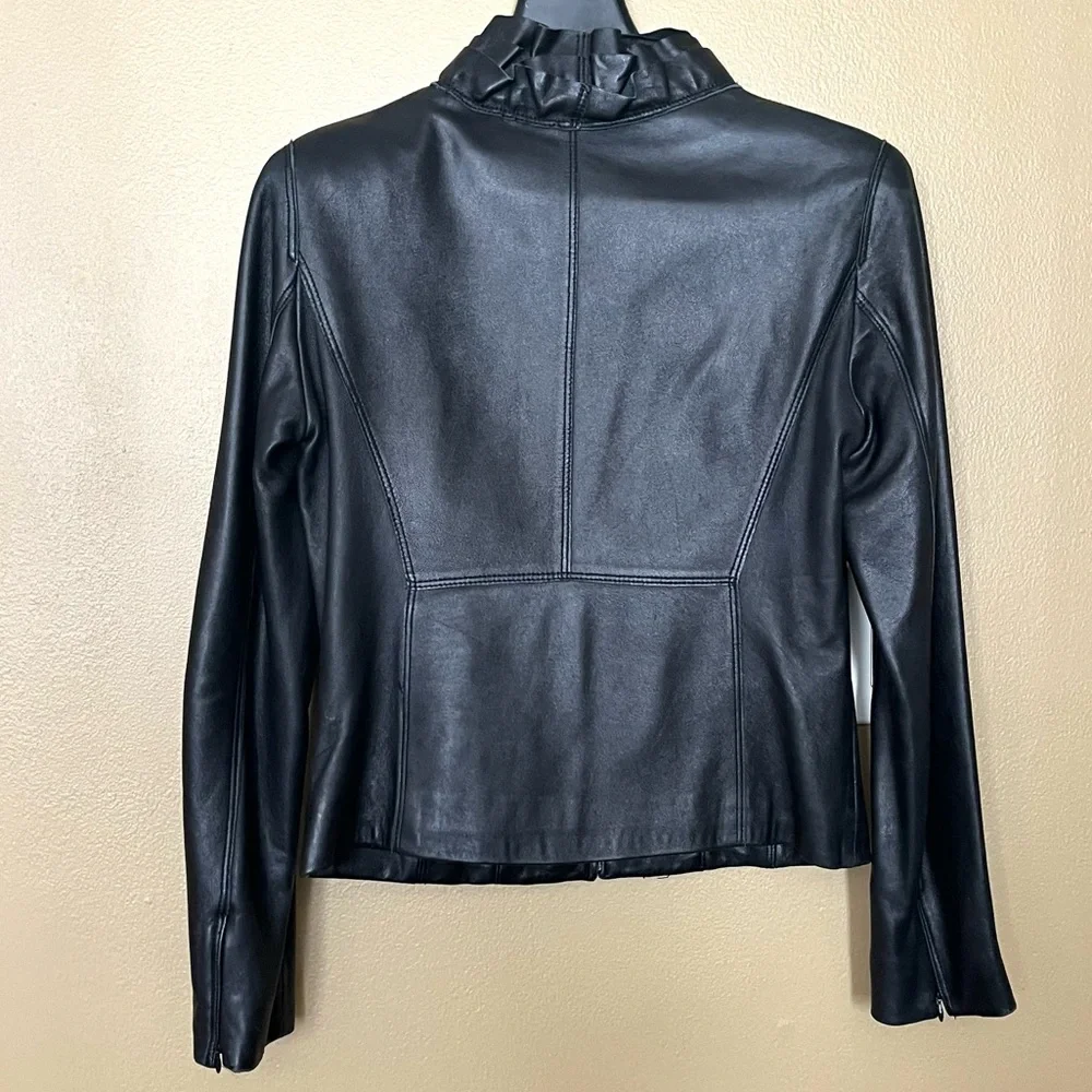 TAHARI 100% Genuine Leather Jacket Blazer Zipper Front Black XS Women - Picture 3 of 14